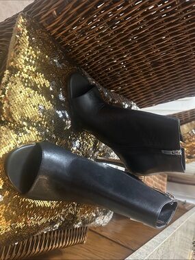 Nine West Black Peep-Toe Leather Ankle Booties - Women
